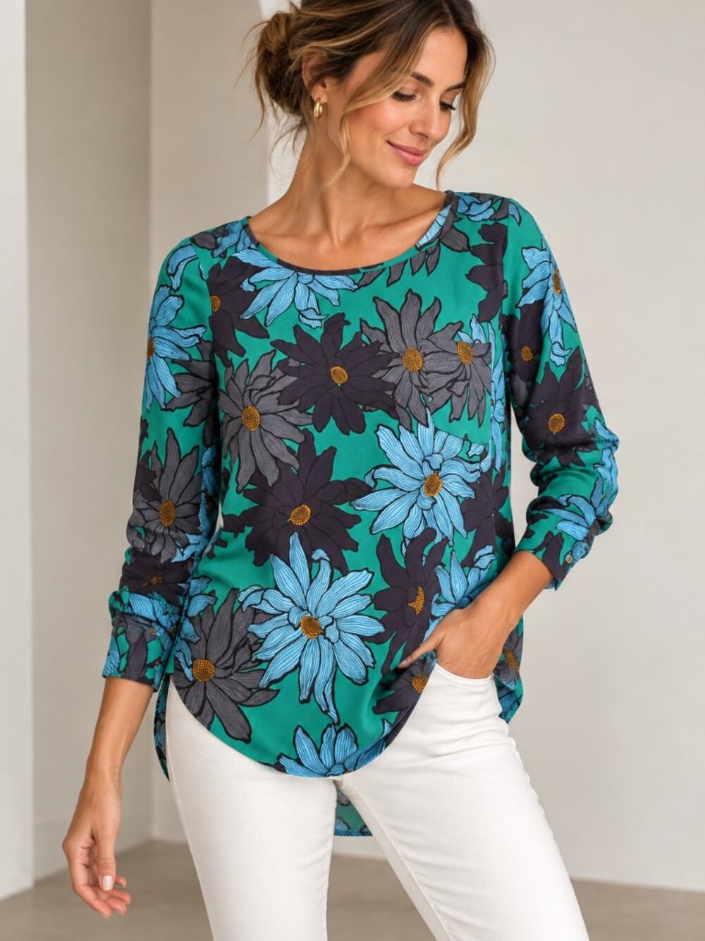 LOFT Green Blue Floral High Low Hem Blouse Size M Long Sleeve Tunic Top